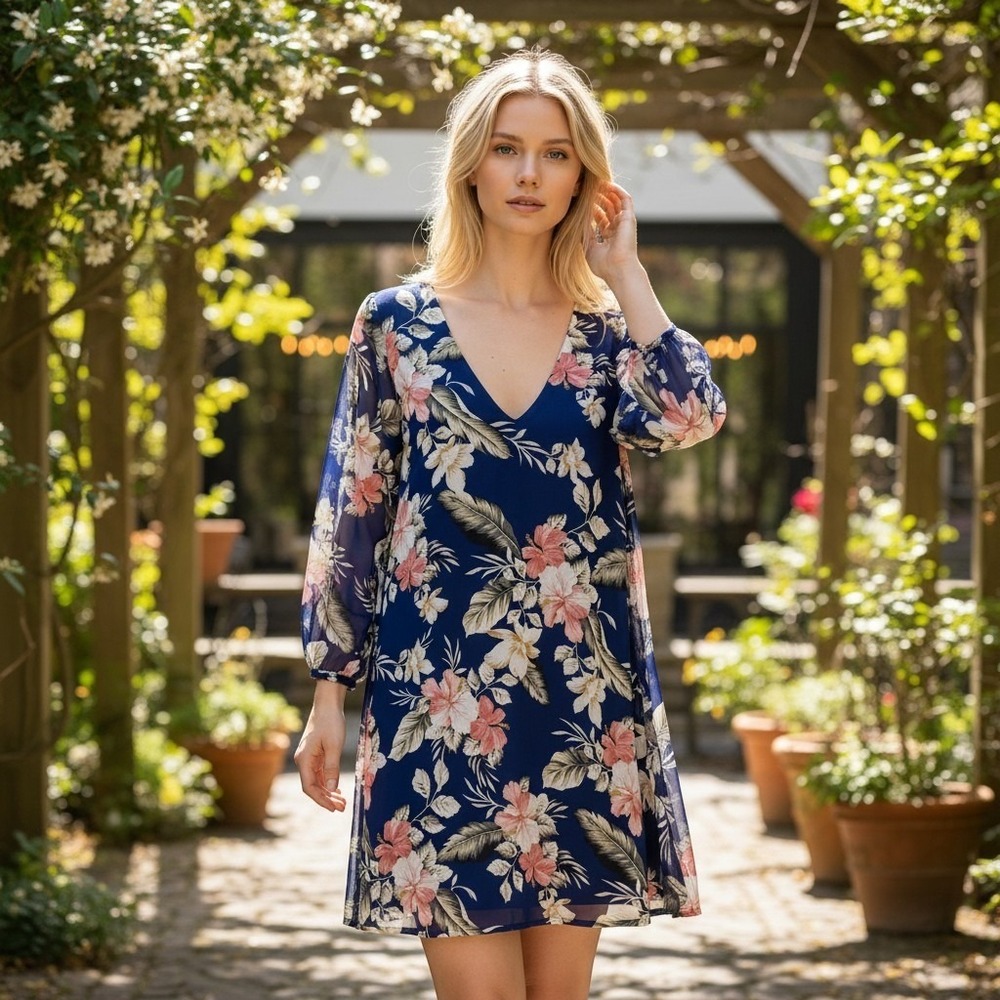 Lulus Royal Blue Tropical Floral Split Sleeve V-Neck Shift Dress Hibiscus SIze M
